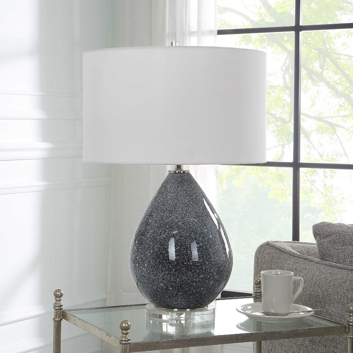 Uttermost Nebula Black and White Speckled Glazed Ceramic Table Lamp With White Shade - Image 1