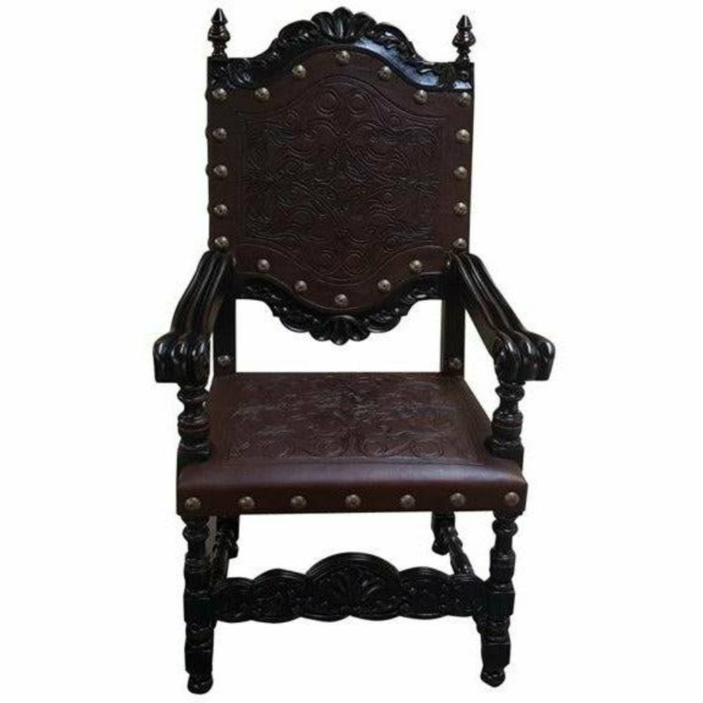 Casa Bonita Peruvian Hand-Painted Carved Wood Del Rey Hand Tooled Leather Dining Arm Chair - Image 1
