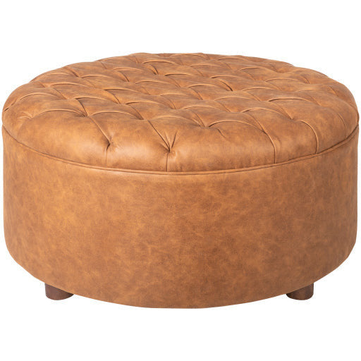 Surya Newberg Modern Rustic Faux Brown Leather Round Tufted Ottoman MEF-001 - Image 1