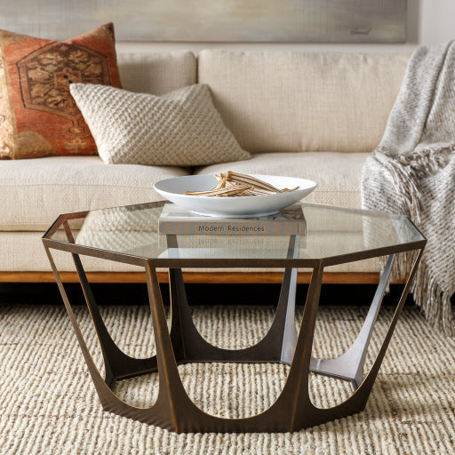 Surya Vortex Modern Glass Top With Brown Metal Base Round Coffee Table VTX-003 - Image 1