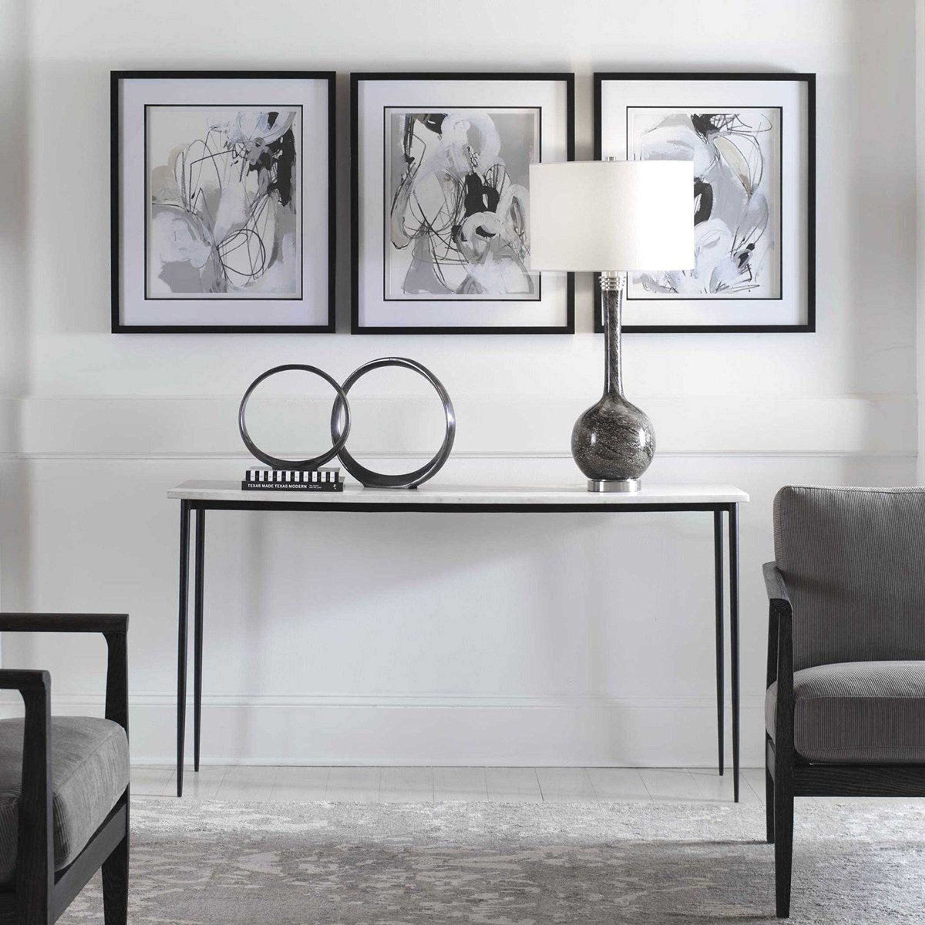 Uttermost Nightfall White Marble Top With Black Iron Base Modern Console Table - Image 1