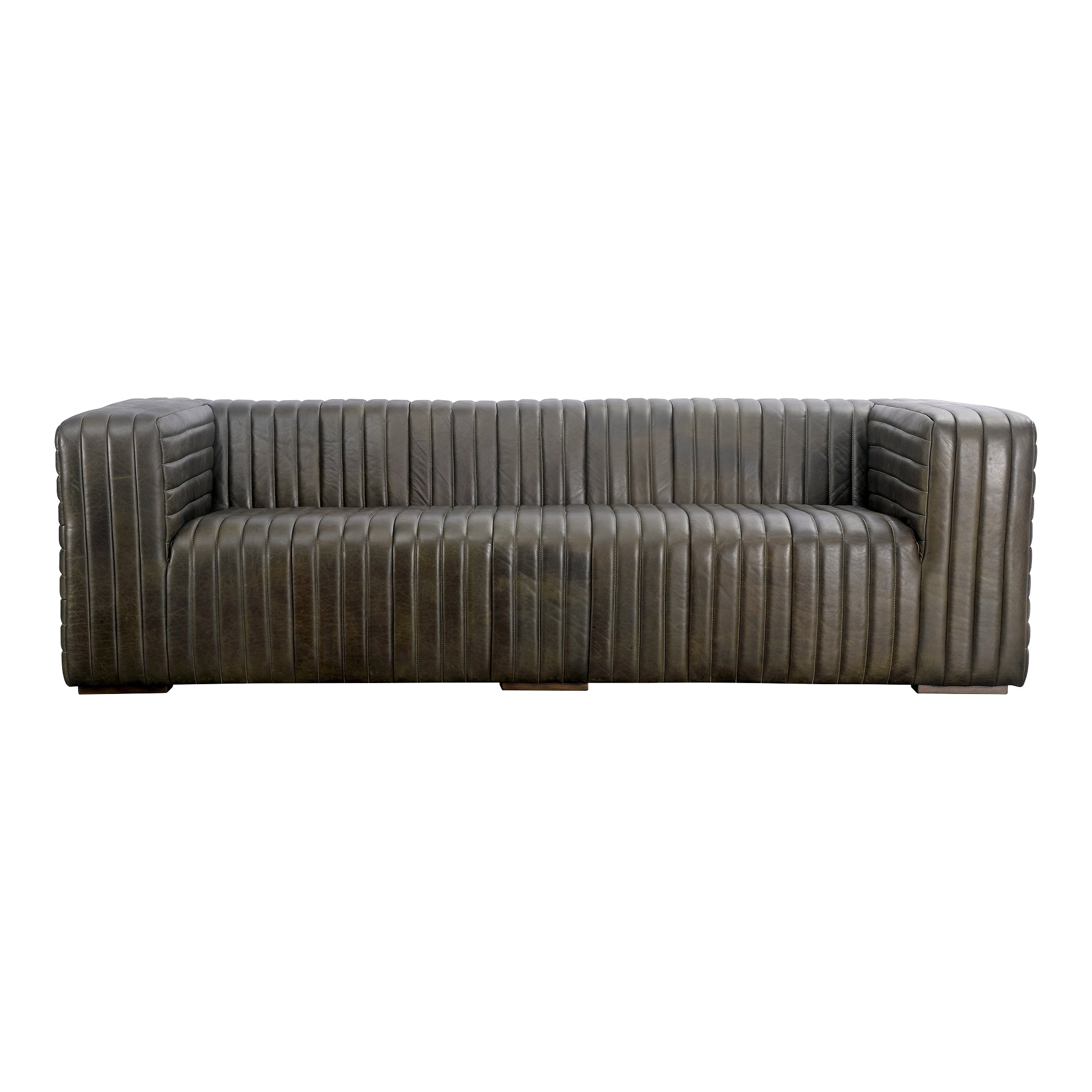 Moe's Home Collection Castle Channel Stiched Green Leather Sofa - Image 2