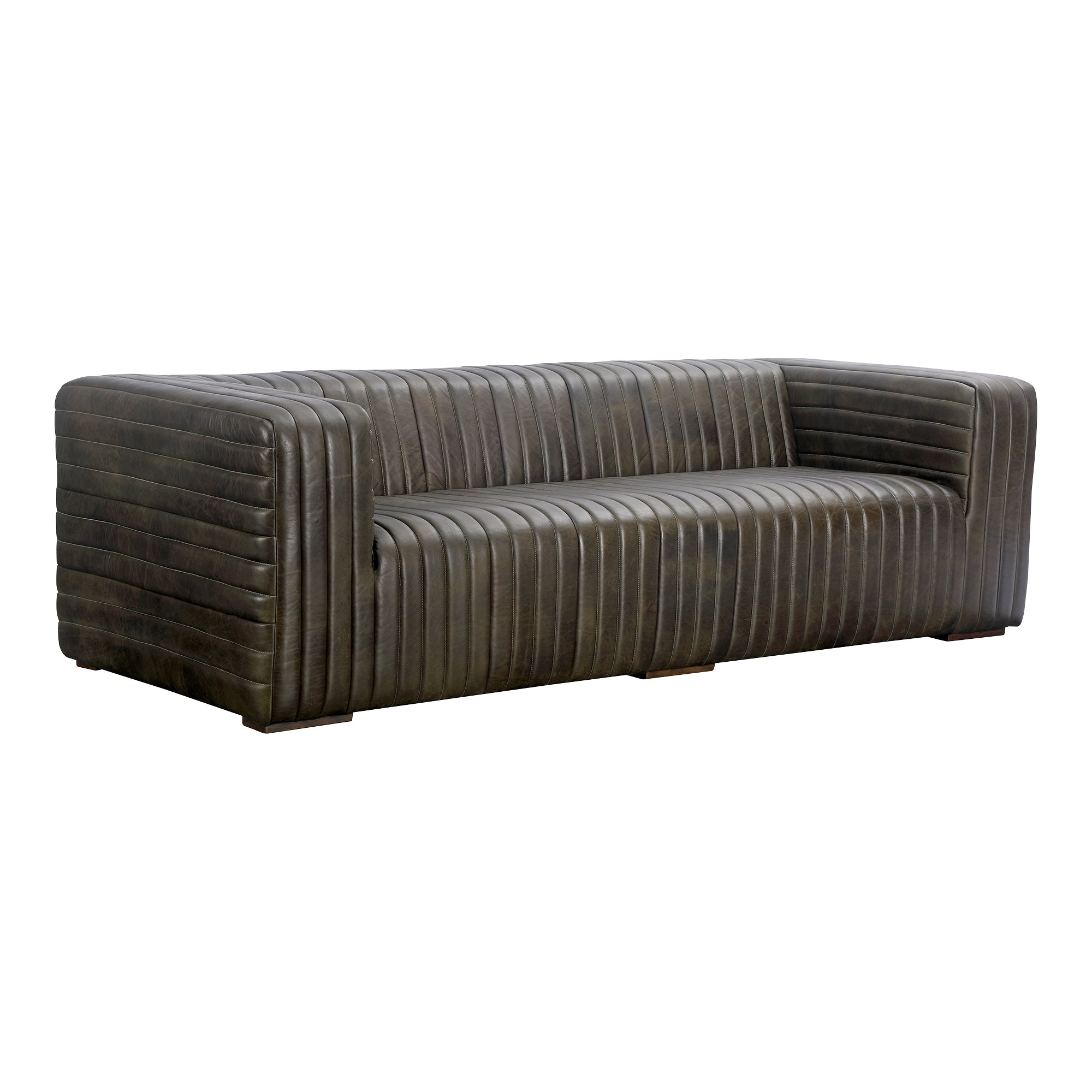 Moe's Home Collection Castle Channel Stiched Green Leather Sofa - Image 3
