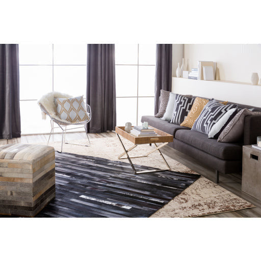 Surya Appalachian Modern Rustic Hair On Hide Ivory, Brown  & Dark Brown Patched Leather Pouf Ottoman POUF-237 - Image 3