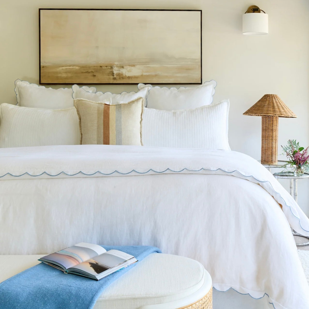 Pom Pom at Home Kelly White and French Blue Linen Scalloped Duvet Cover & Pillow Shams ~ Available in Queen and King Sizes - Image 1