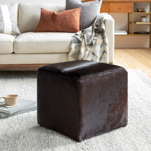 Surya Angus Modern Rustic Hair On Hide Dark Brown Leather Pouf Ottoman AGPF-001