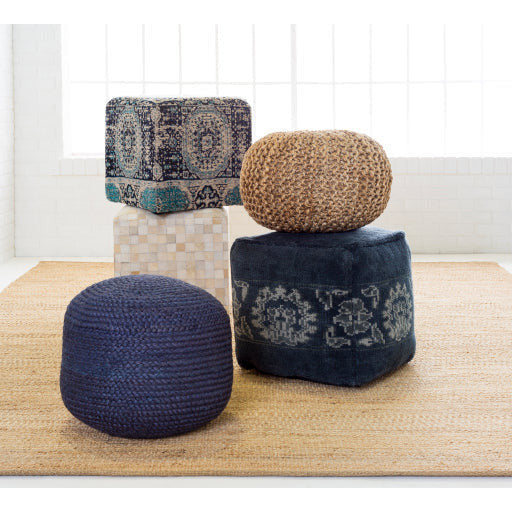 Surya Amsterdam Modern Rustic Navy, Pale Blue, Blue & Light Gray Chenille Pouf Ottoman AMPF-003