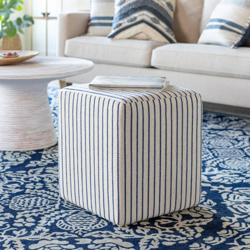 Surya Matchford Modern Rustic Ivory & Denim Blue Stripe Woven Pouf Ottoman MFPF-002