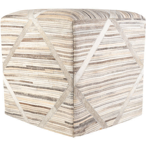 Surya Zander Modern Hair On Hide Charcoal, Tan, Gray, Beige & Cream Patched Leather Pouf Ottoman ZNPF-009 - Image 1