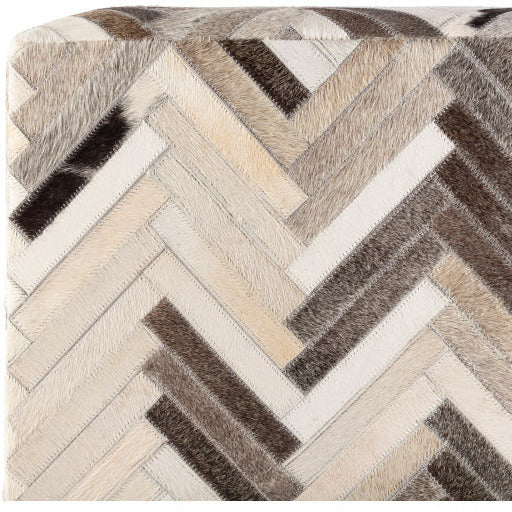 Surya Zander Modern Hair On Hide Black, Gray, Cream & Tan Patched Leather Pouf Ottoman ZNPF-010 - Image 2