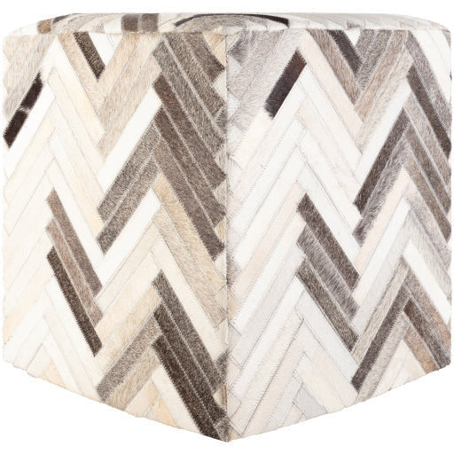 Surya Zander Modern Hair On Hide Black, Gray, Cream & Tan Patched Leather Pouf Ottoman ZNPF-010 - Image 1