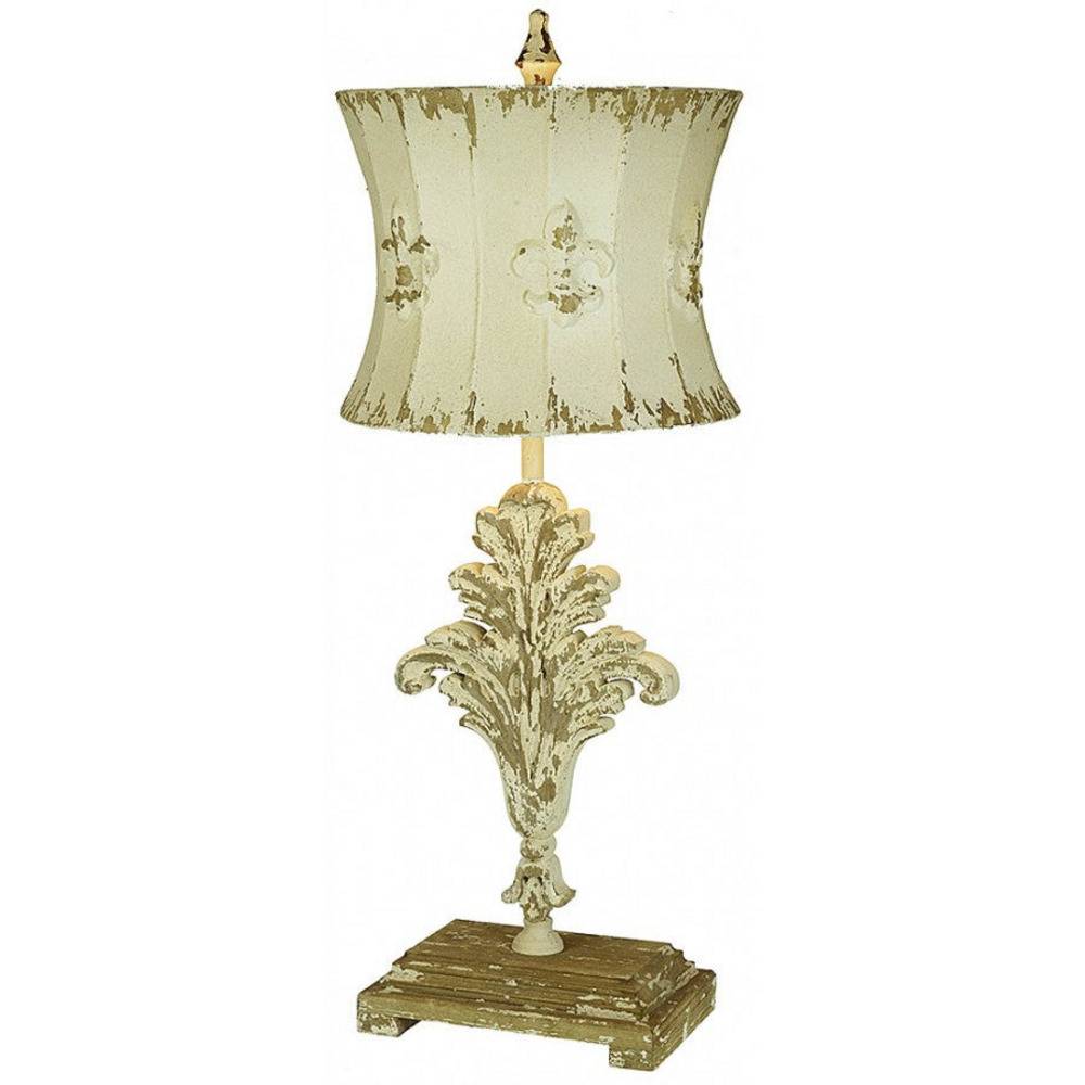 Provence Home Distressed Cream Carved French Fleur Wood Table Lamp With Metal Shade - Image 1