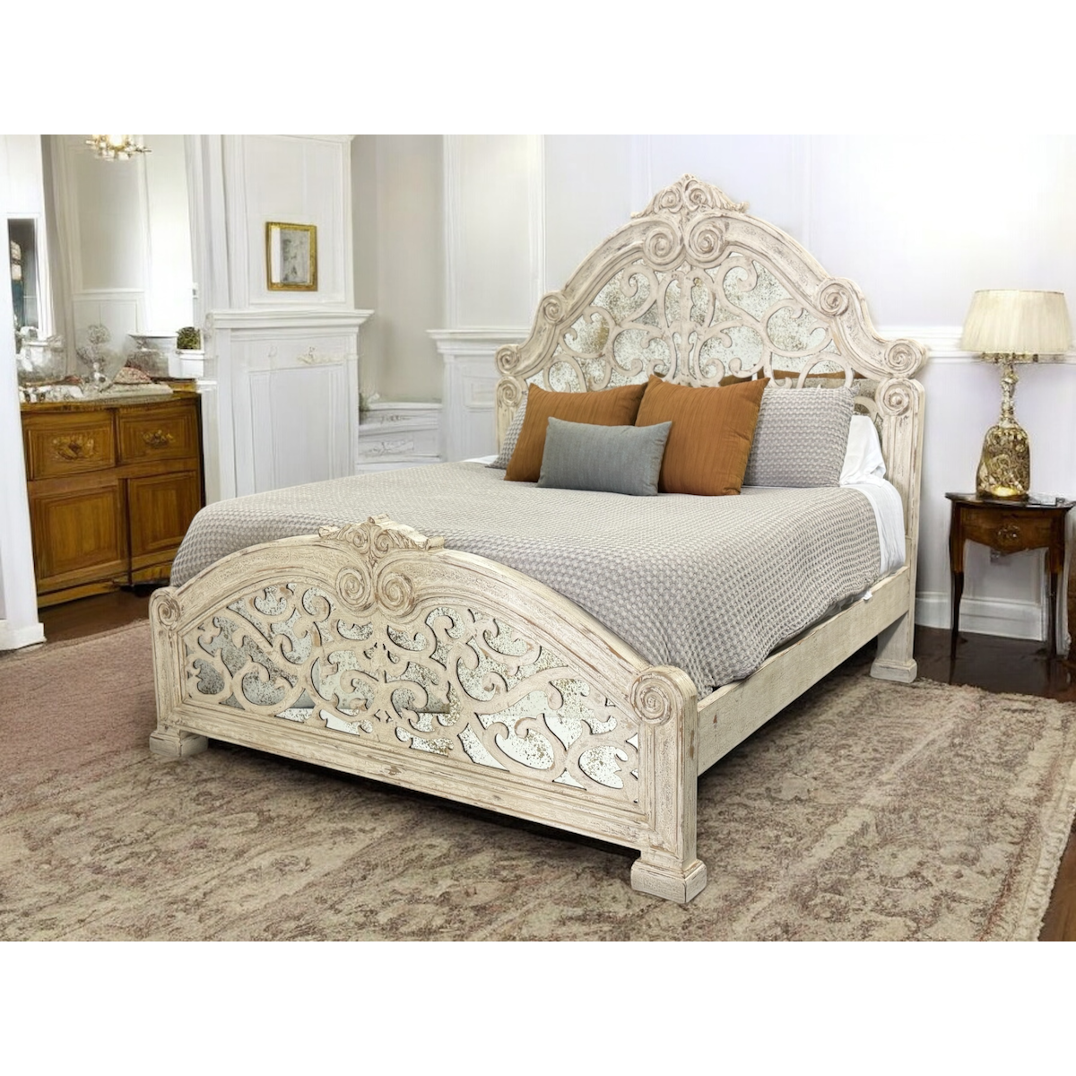 Casa Bonita Peruvian Hand-Painted Carved Wood and Antiqued Mirror Raquel Queen Size Bed - Image 1