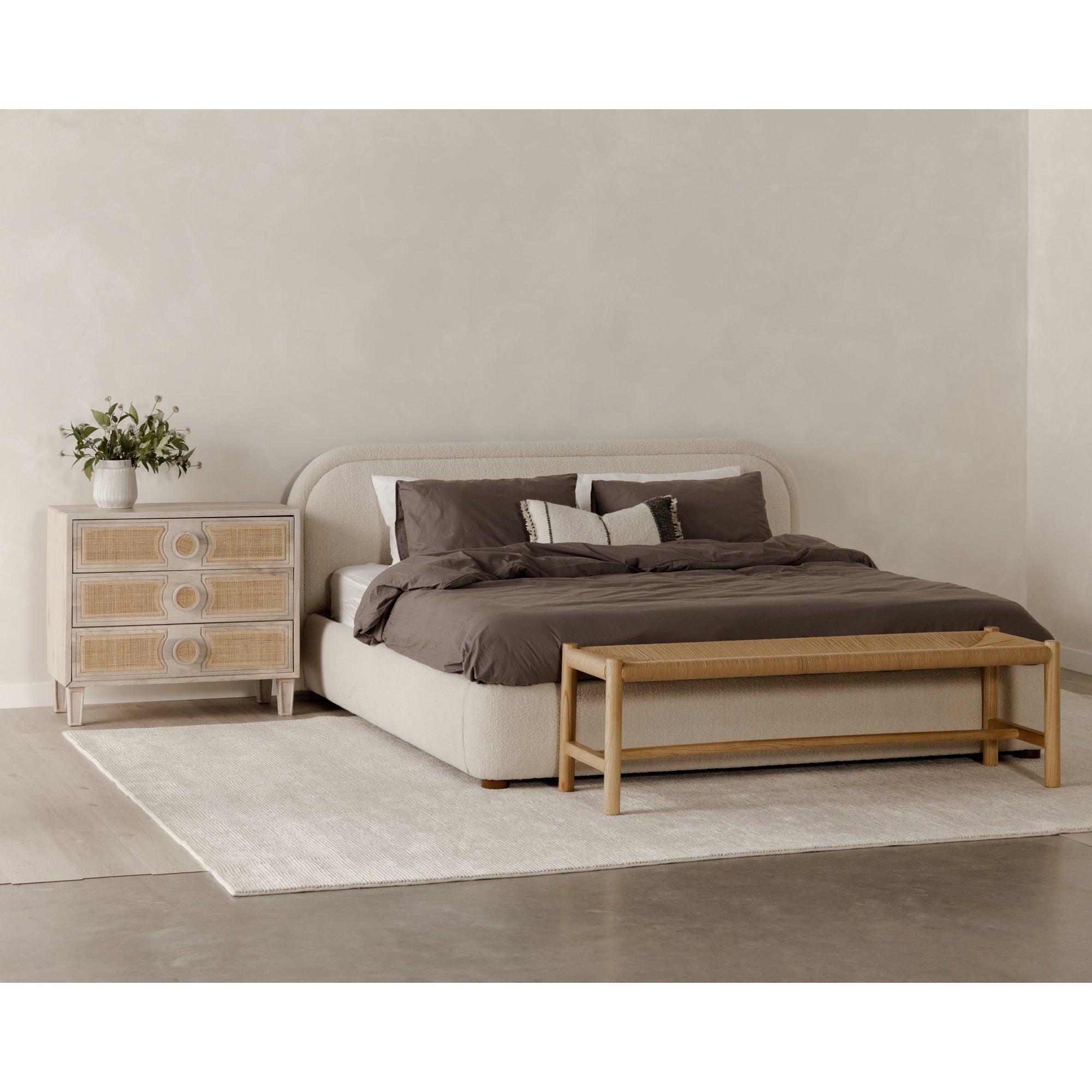 Moe's Home Collection Colin Oatmeal Velvet Upholstered Queen Size Bed - Image 1