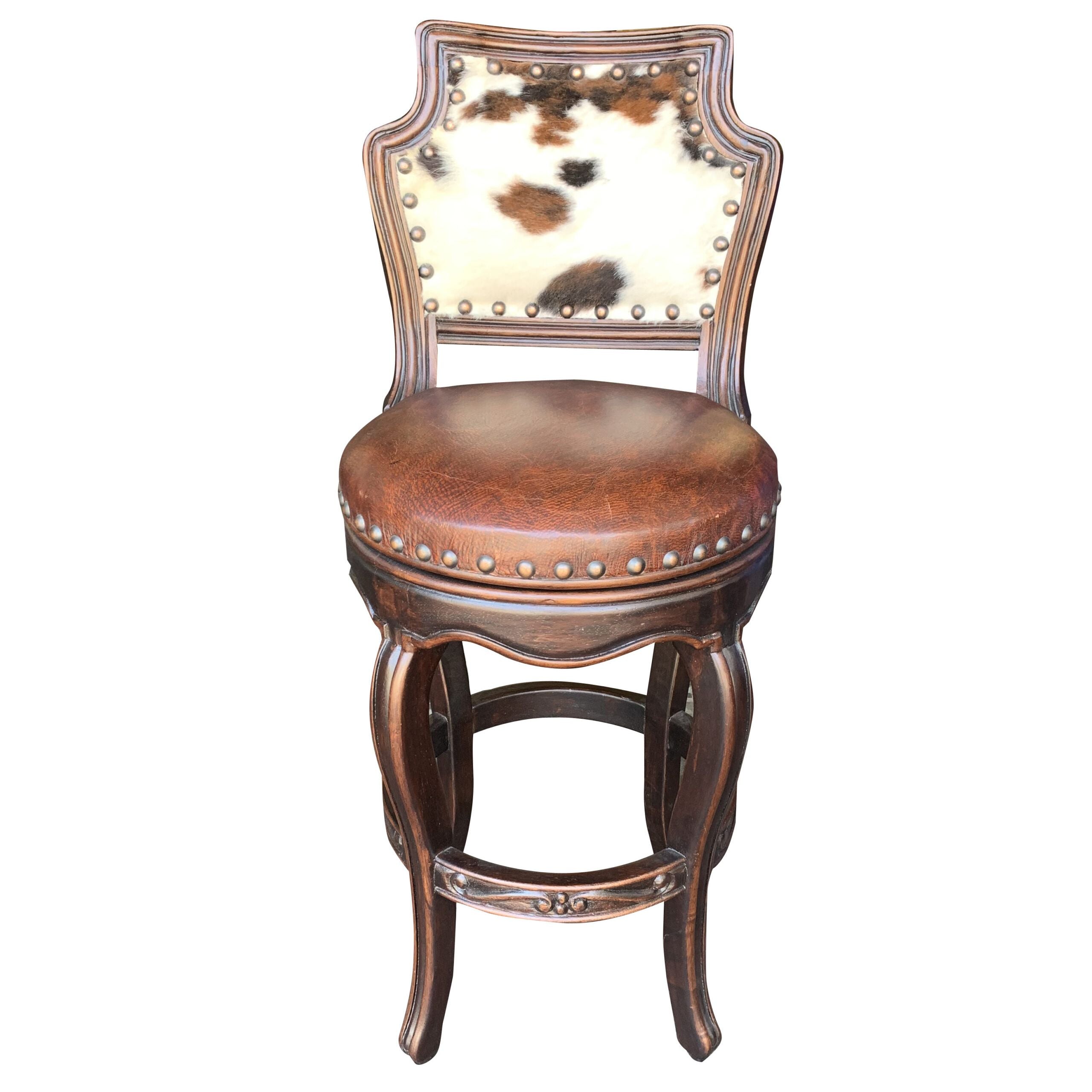 Casa Bonita Peruvian Hand-Painted Carved Wood Cowhide & Leather Rodeo Swivel Counter Stool - Image 1
