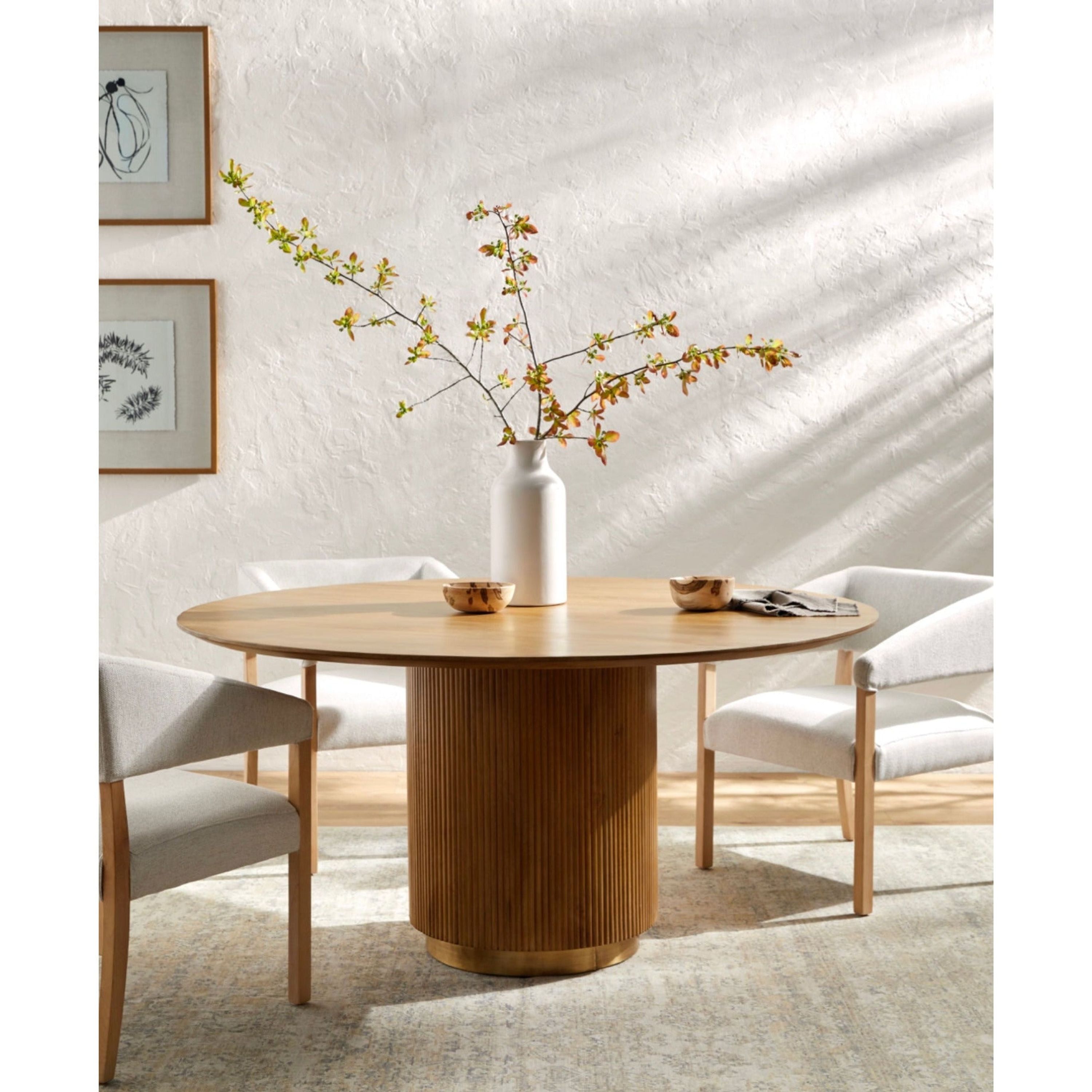 Surya Nems Modern Mango Wood 60” Round Dining Table With Brass Base - Image 1