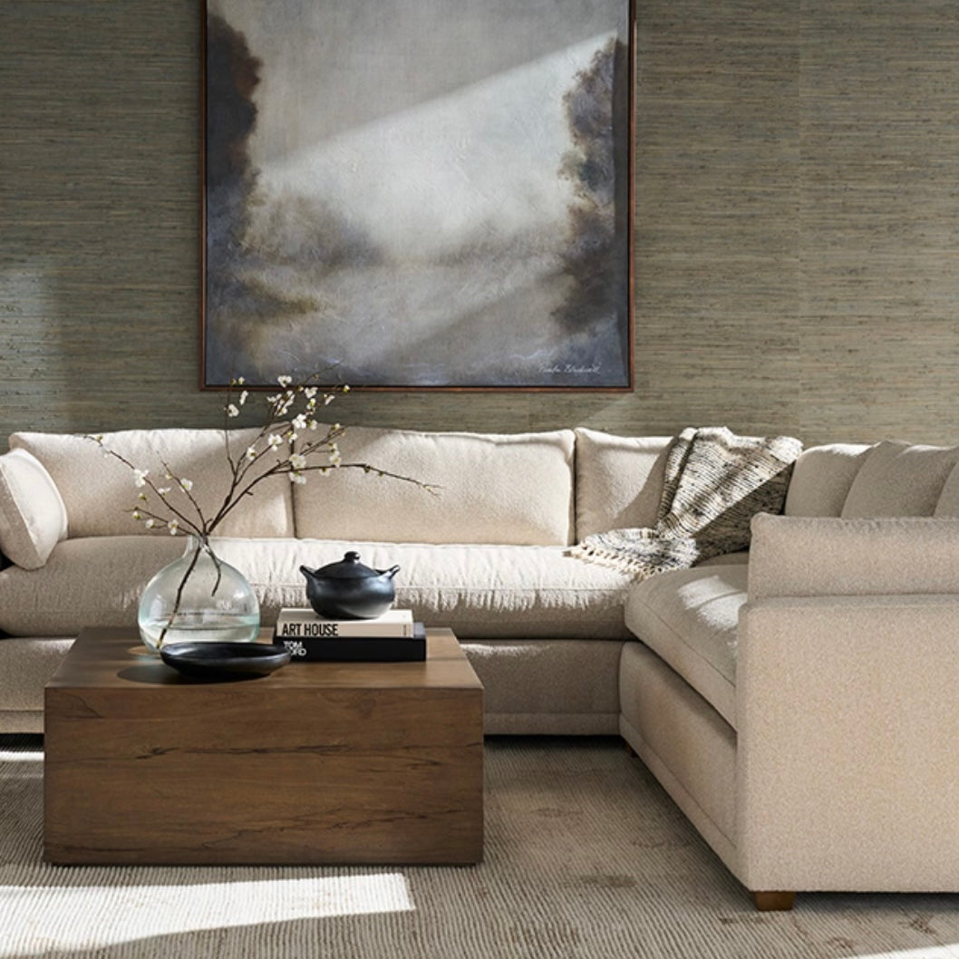 Rowe Furniture Sylvie Sand Boucle Bench Seat Sectional Sofa 116″ x 110″