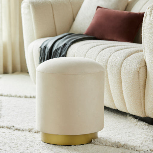 Surya Roxeanne Modern Cream Velvet Round Pouf Ottoman With Gold Base RON-011 - Image 1