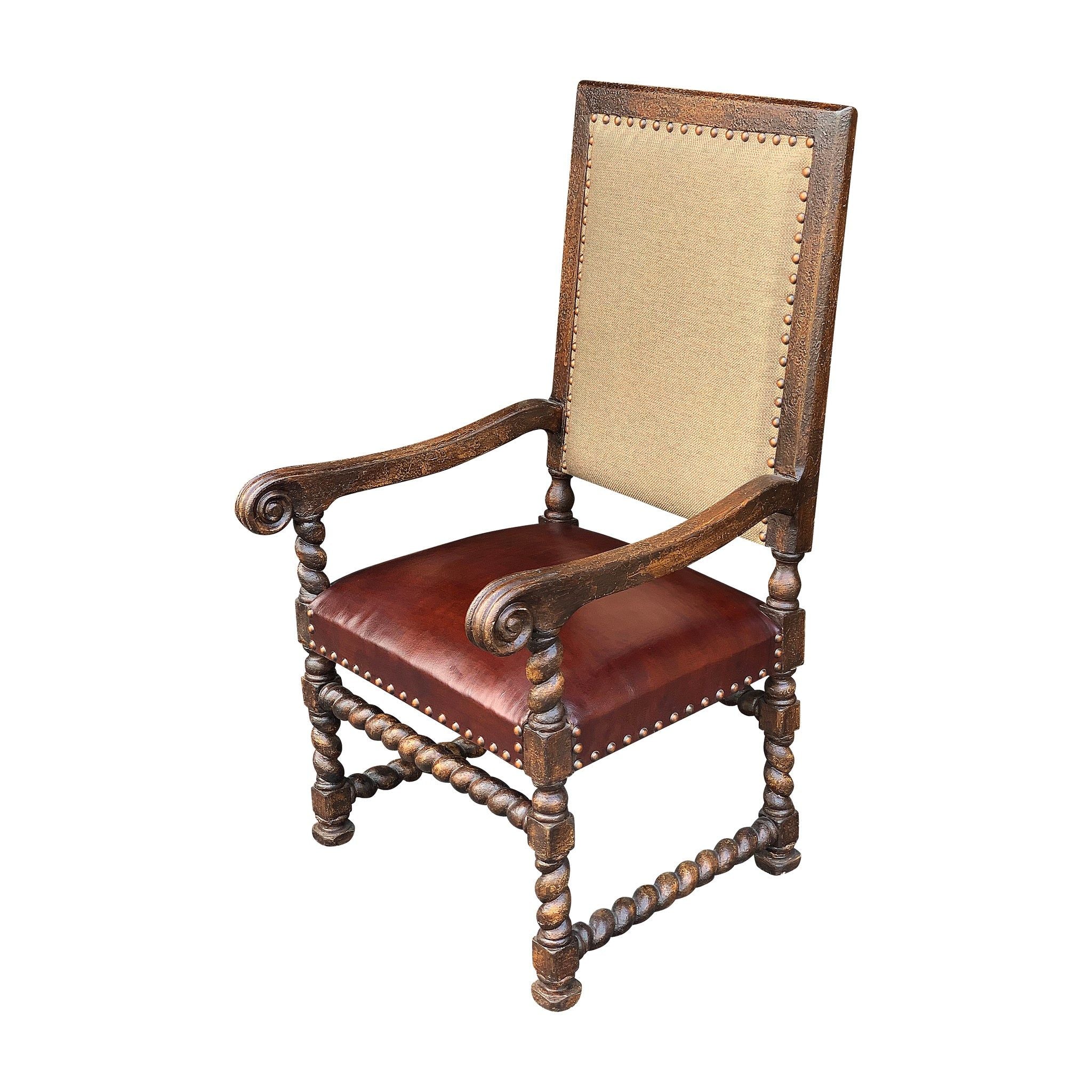 Casa Bonita Peruvian Hand-Painted Carved Wood Fabric and Leather Salamanca Arm Chair - Image 2
