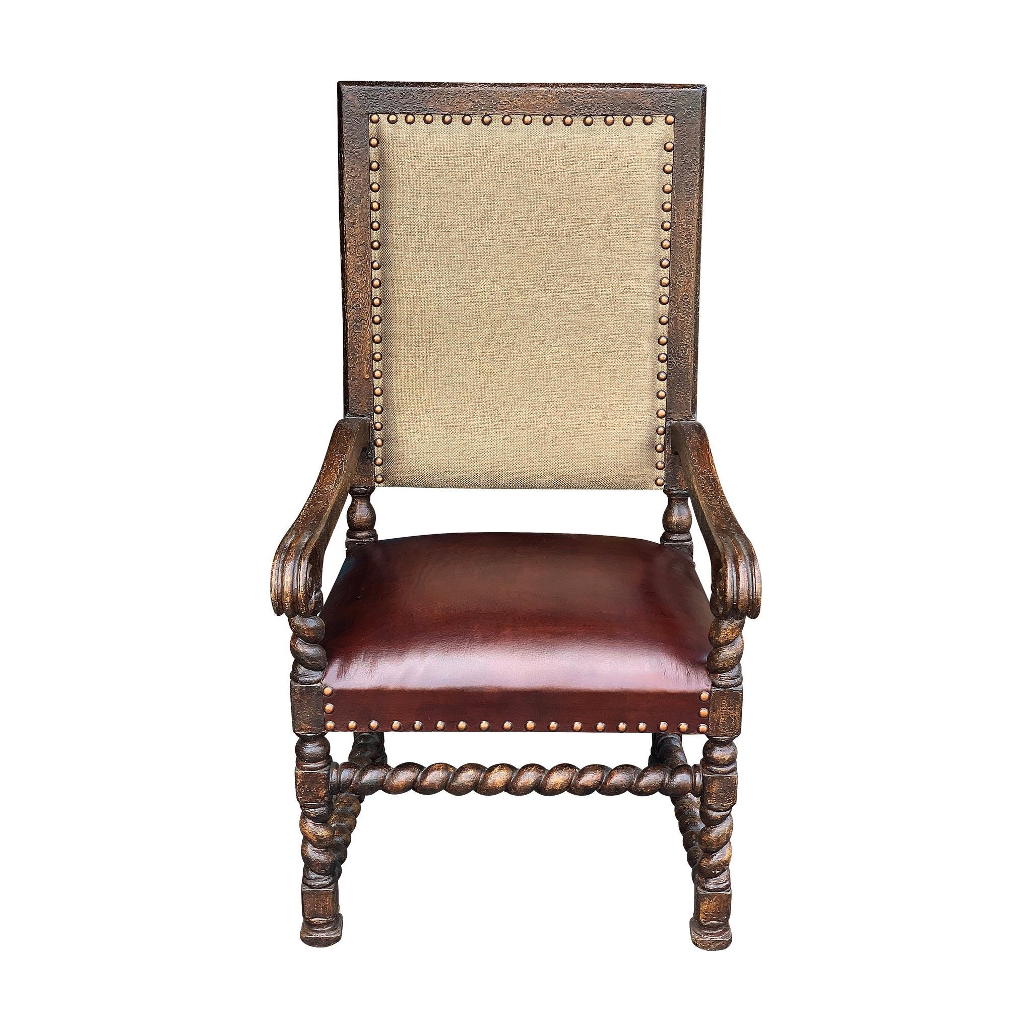 Casa Bonita Peruvian Hand-Painted Carved Wood Fabric and Leather Salamanca Arm Chair - Image 1