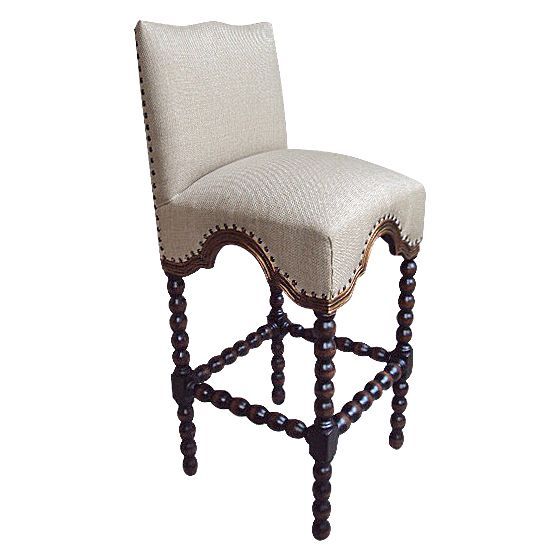 Casa Bonita Peruvian Hand-Painted Carved Wood and Linen Salomon Counter Stool with Back