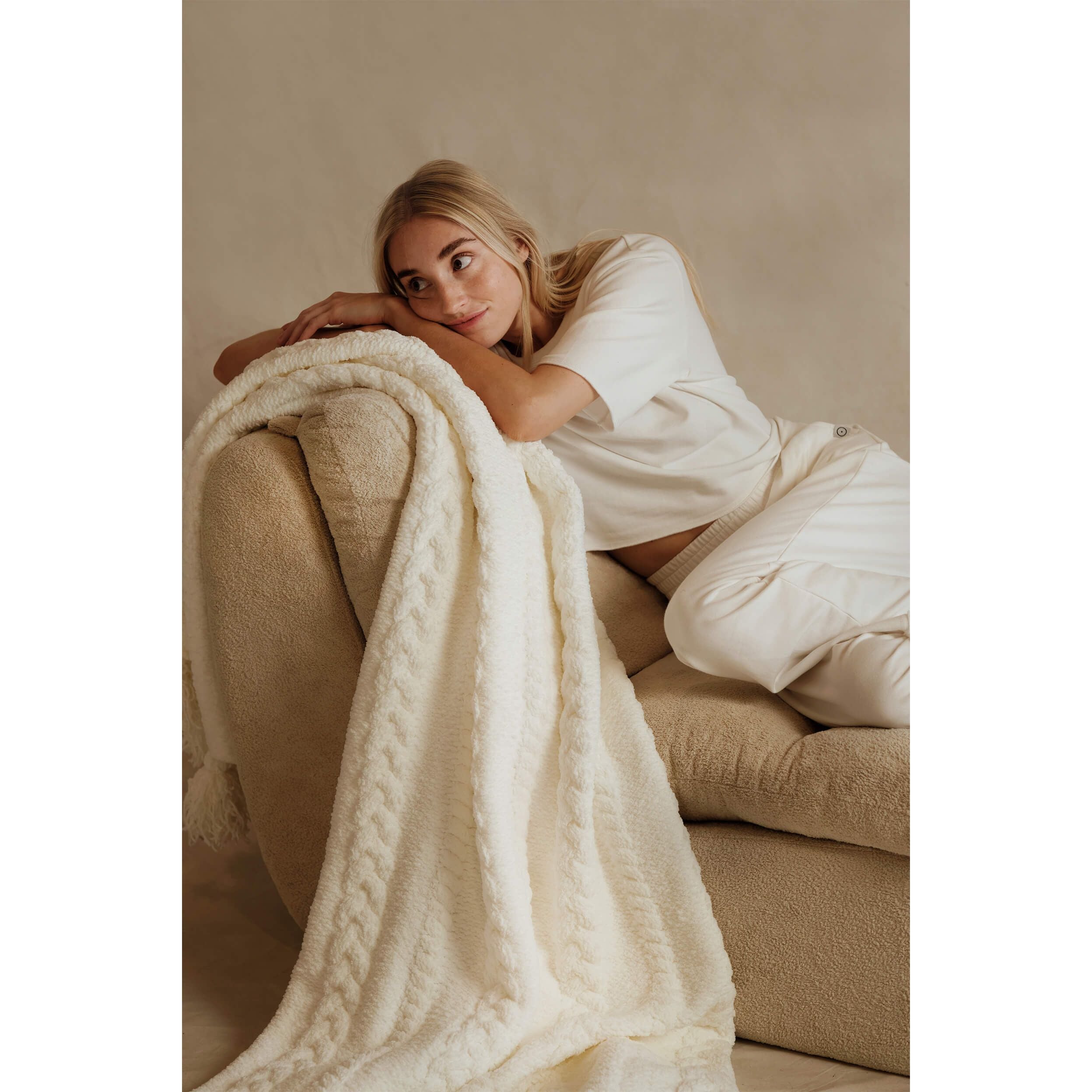 Sunday Citizen Snug Braided Pom Pom Throw in Off White ~ 75 x 52 - Image 3