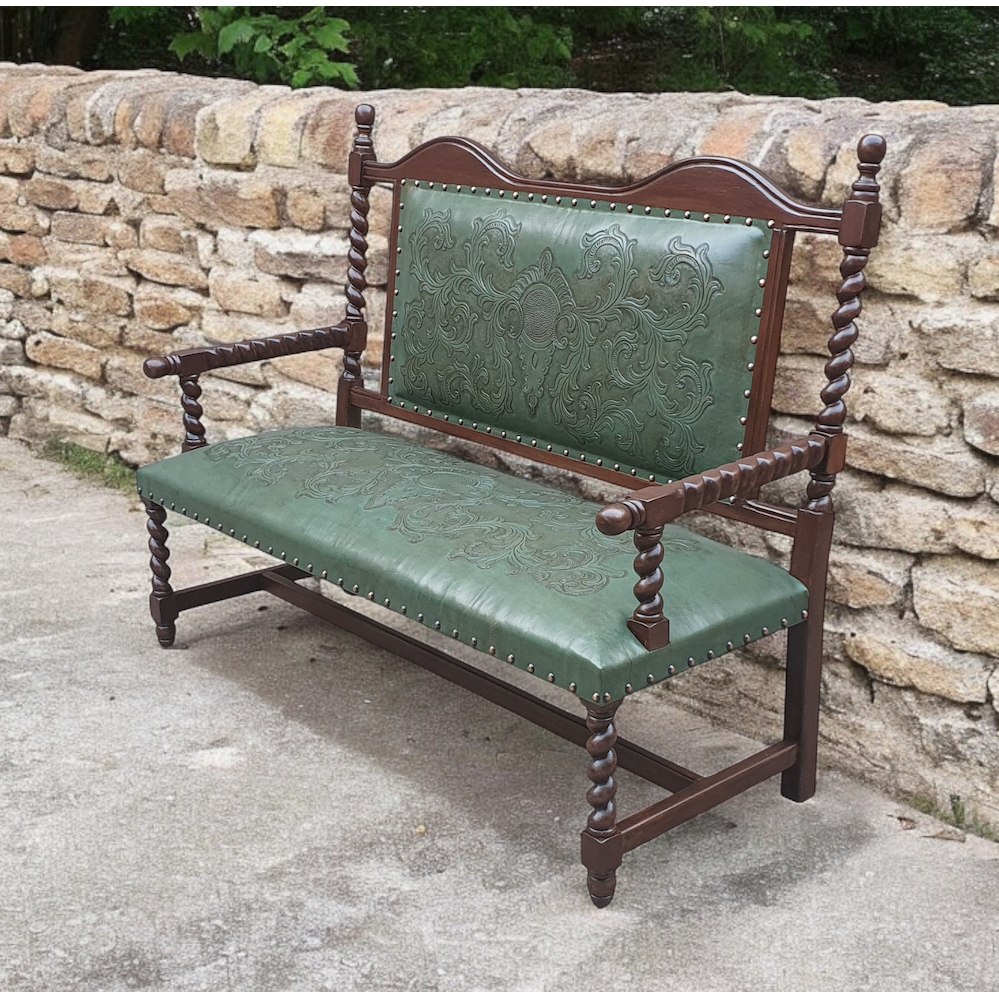 Casa Bonita Peruvian Hand-Carved Wood and Hand Tooled Leather Sienna Bench - Image 2