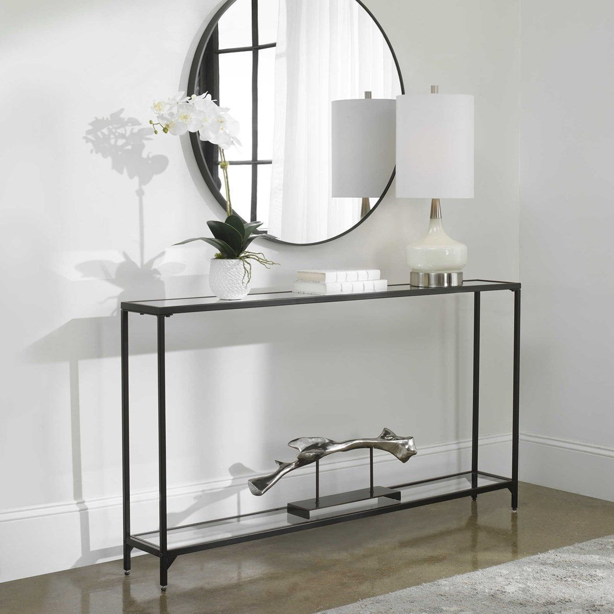 Casa Bella Living Mirrored Top and Glass Shelf with Black Iron Base Narrow Console Table - Image 1