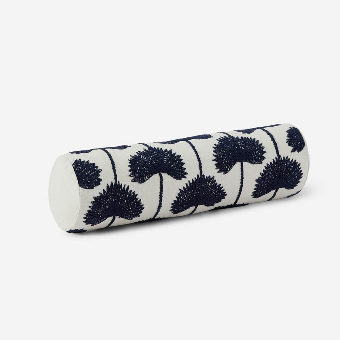Sunday Citizen Palm Leaf Embroidered Bolster Pillow in Navy ~ 22 in x 5.75 in