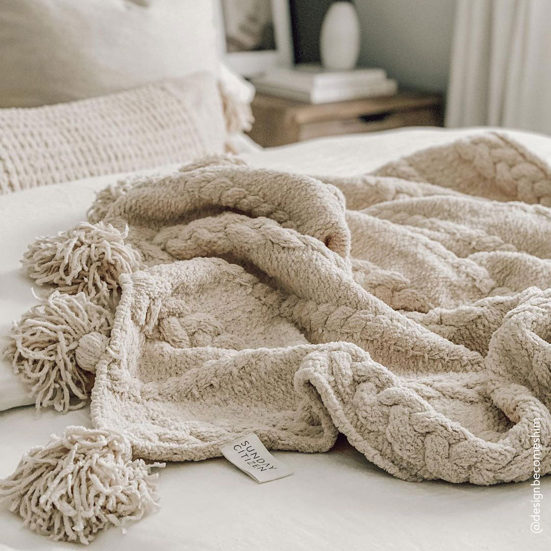 Sunday Citizen Snug Braided Pom Pom Throw in Sahara Tan ~ 75 x 52 - Image 3