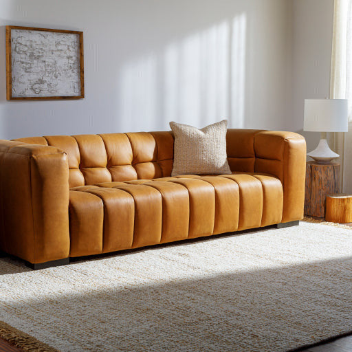 Surya Grenoble Modern Channeled Cognac Brown Leather Sofa - Image 1