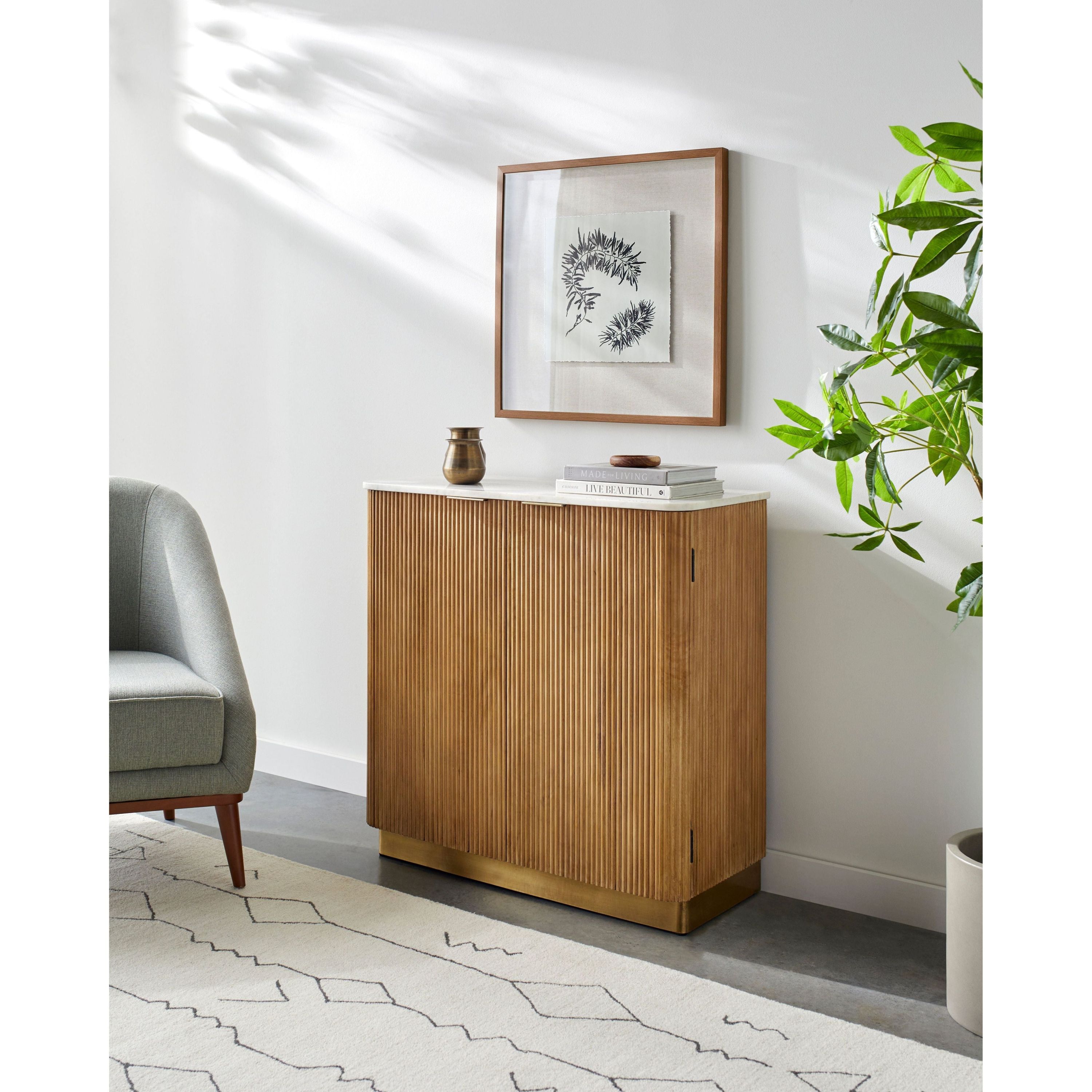 Surya Nems Modern White Marble Top and Natural Mango Wood Cabinet - Image 1