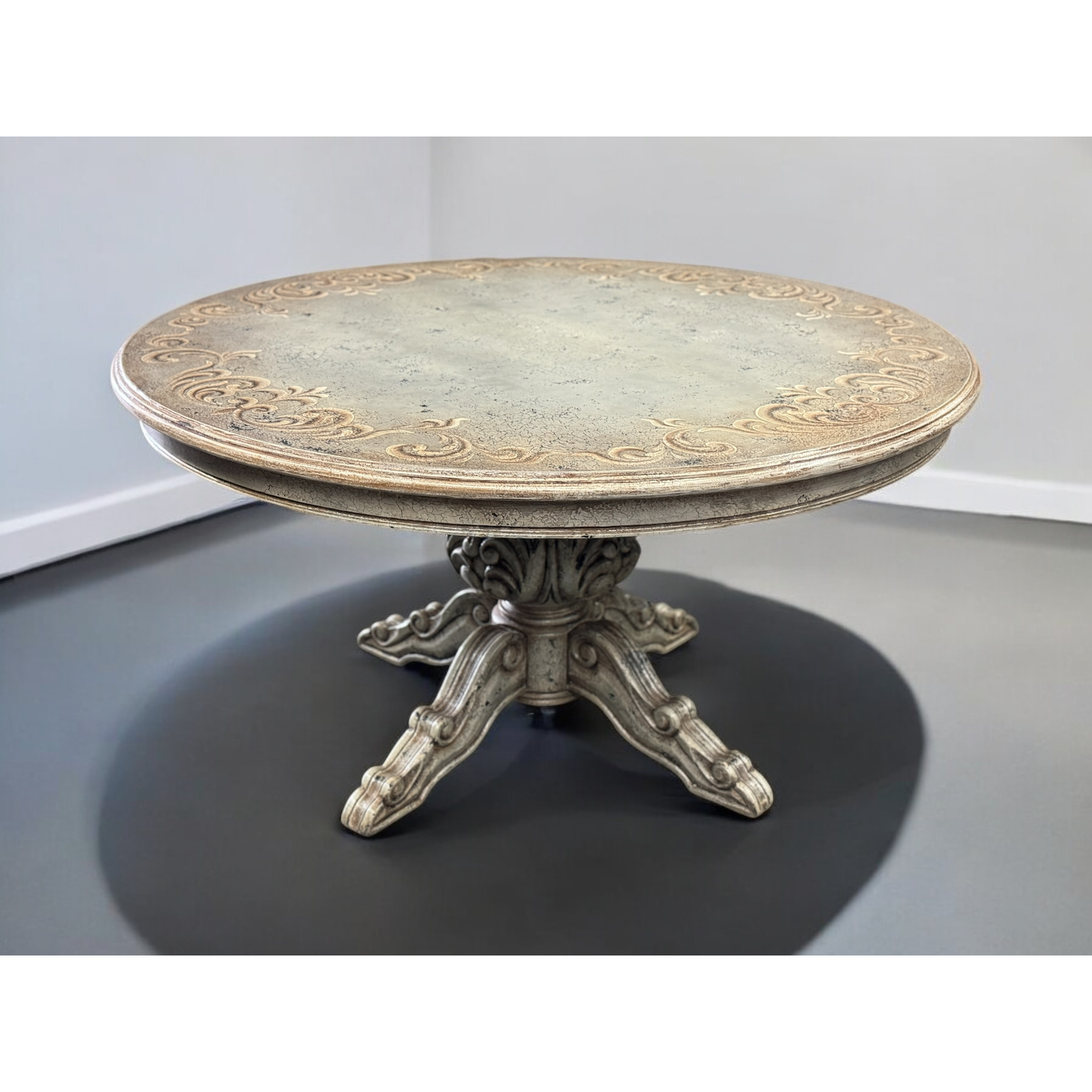 Casa Bonita Peruvian Hand-Painted and Carved Wood 60” Round Torino Dining Table in Rustic Plata - Image 2