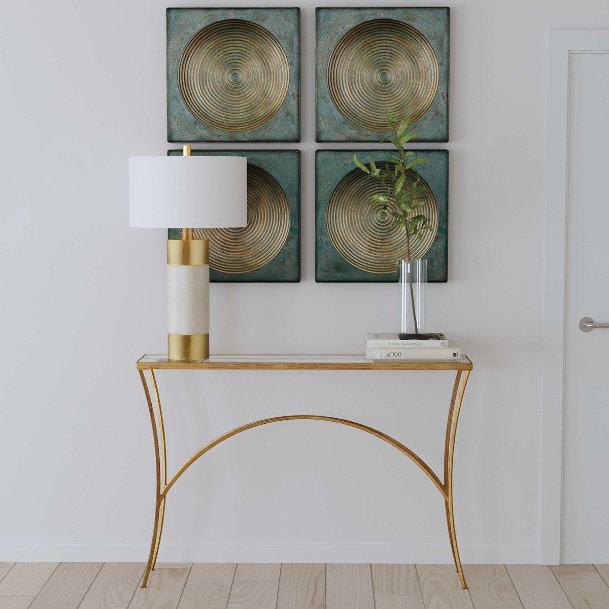 Uttermost Alayna Glass Top With Antiqued Gold Leaf Iron Base Console Table - Image 1