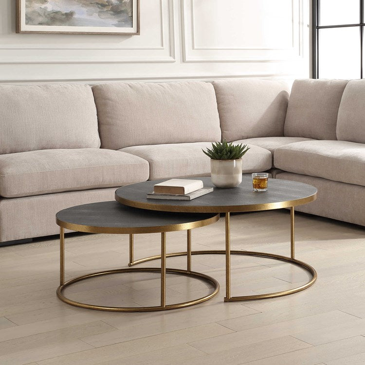 Uttermost Aragon Gray Shagreen Top with Brass Base Set of 2 Modern Round Nesting Coffee Tables