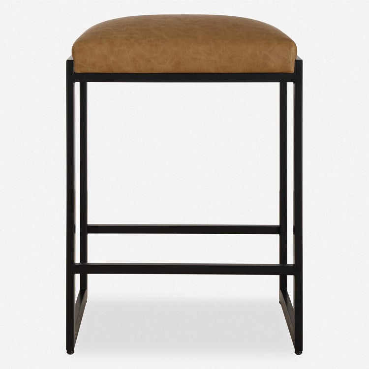 Uttermost Atticus Counter Stool ~ Camel Faux Leather Cushioned Seat - Image 1