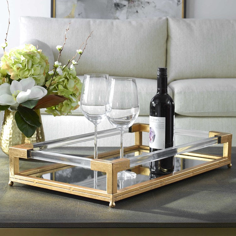 Uttermost Balkan Antiqued Gold Leaf Hand Forged Iron and Mirrored Tray With Acrylic Handles - Image 1