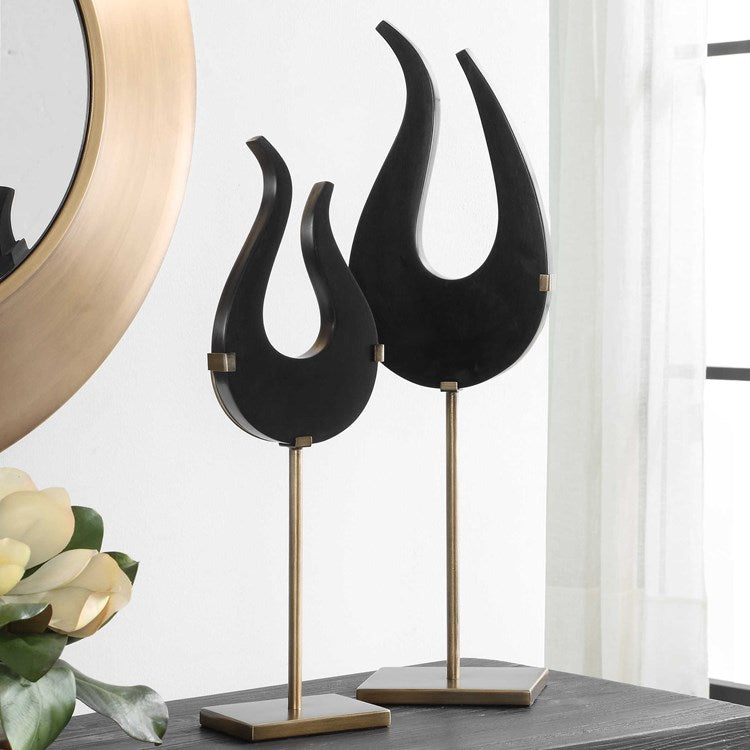Uttermost Black Flame Stone and Brushed Brass Sculpture - Image 1