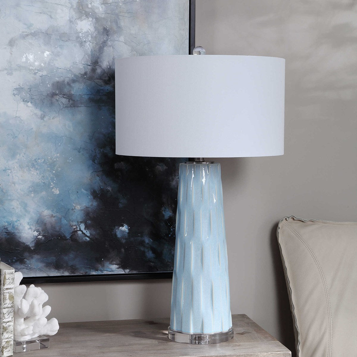 Uttermost Brienne Light Powder Blue Ceramic Table Lamp With White Linen Shade - Image 1