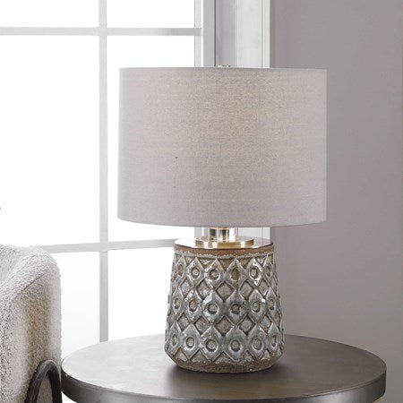 Uttermost Cetona Blue Gray Glazed Embossed Ceramic Table Lamp With Linen Shade - Image 1