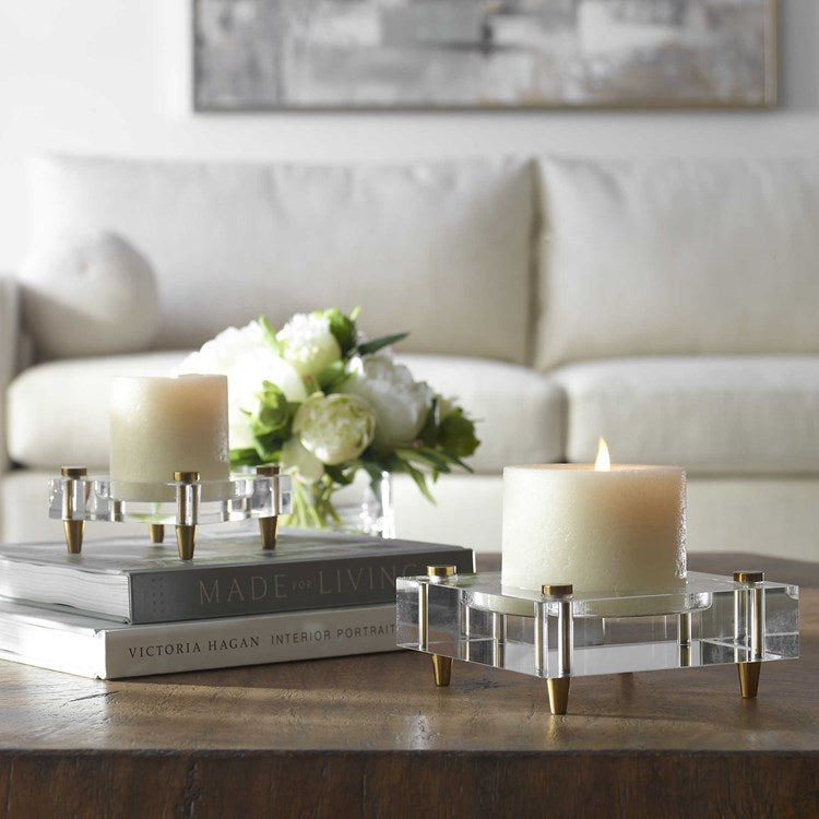 Uttermost Claire Crystal Blocks and Brass Set of 2 Candle Holders ~ Candles Included - Image 1