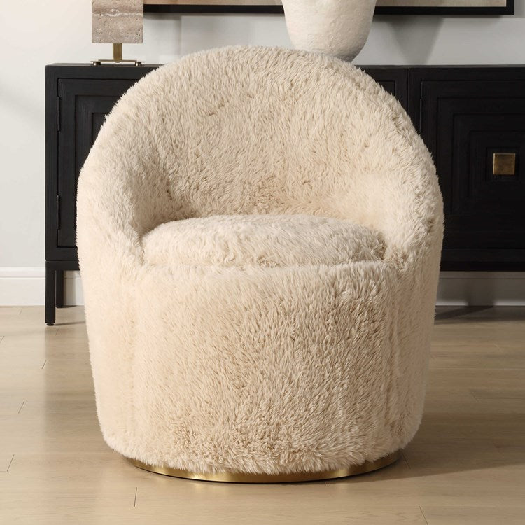 Uttermost Crue Caramel Long Haired Faux Sheepskin Barrel Style Swivel Chair - Image 1