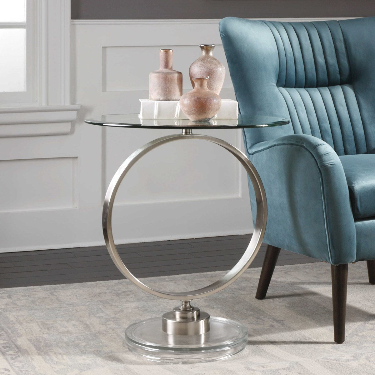 Uttermost Dixon Glass Top Brushed Nickel Contemporary Round Side Table - Image 1