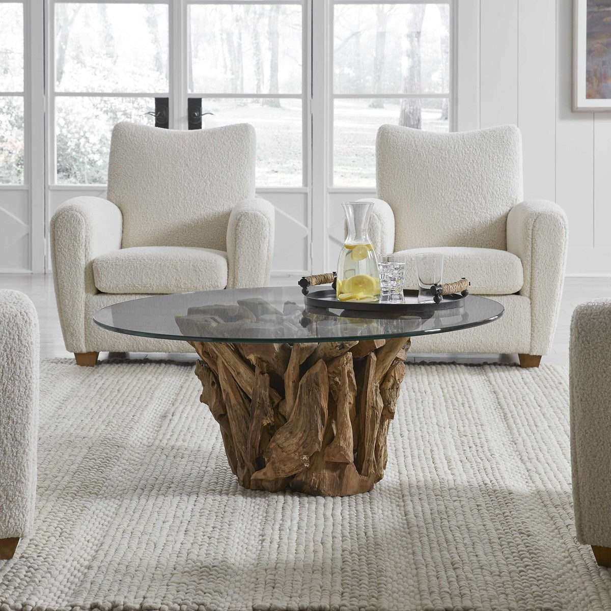 Uttermost Driftwood Glass Top With Pieced Teak Wood Rustic Modern Round Coffee Table - Image 1