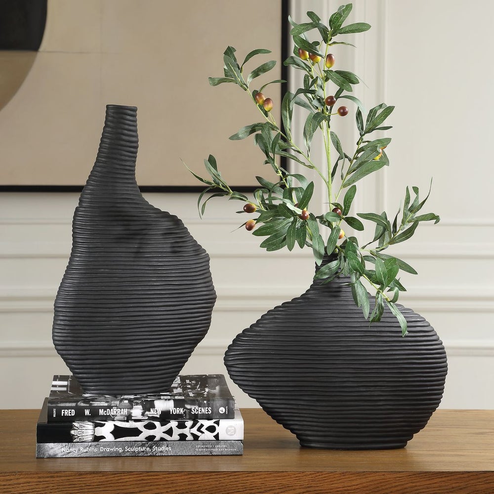 Uttermost Duostacked Set Of 2 Matte Black Ceramic Vases - Image 1