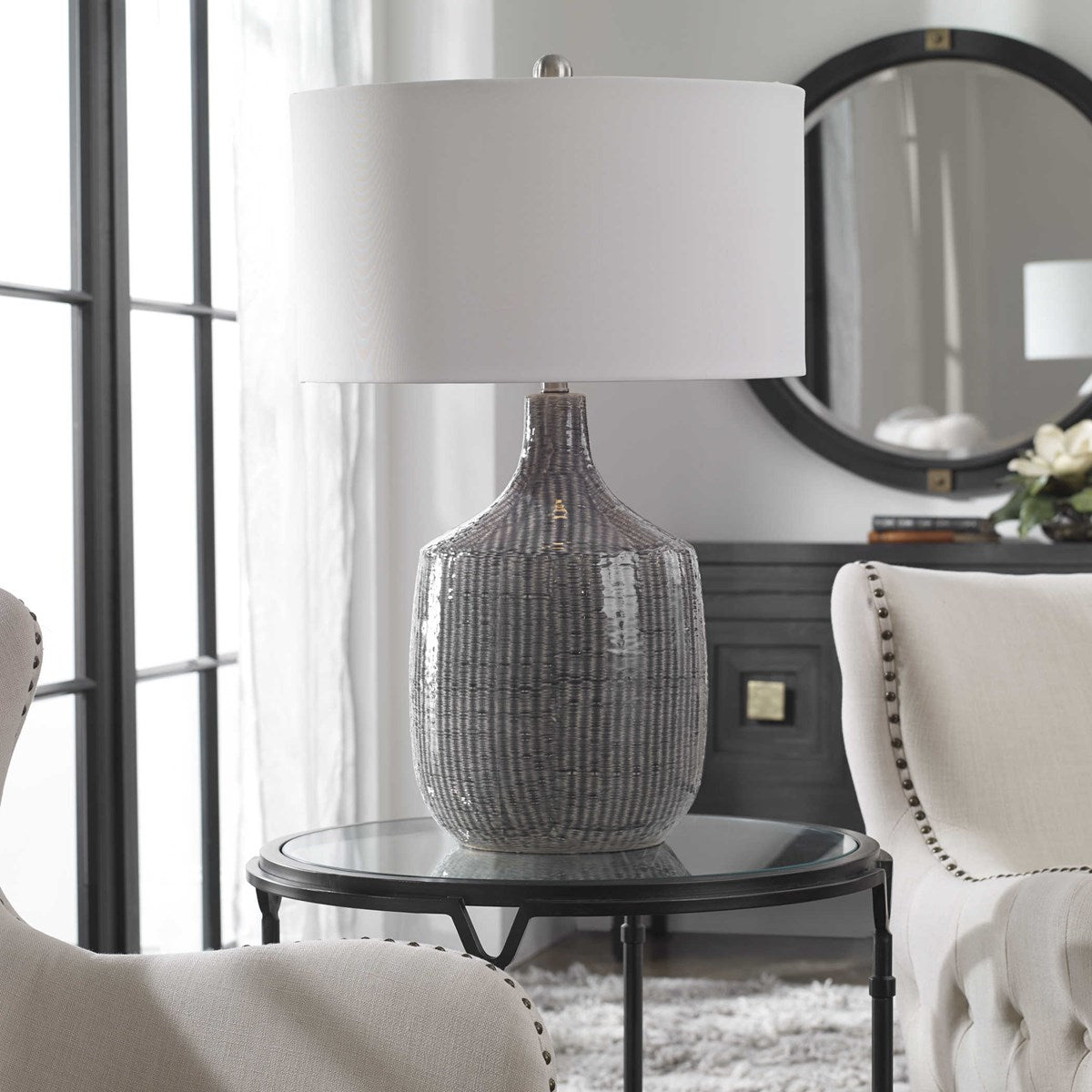 Uttermost Felipe Gray Ceramic Table Lamp With White Linen Shade - Image 1