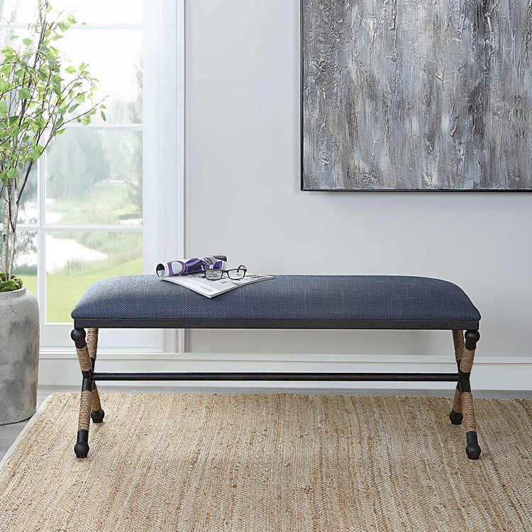 Uttermost Firth Navy Blue Fabric Cushion Seat Rustic Iron Bench - Image 1