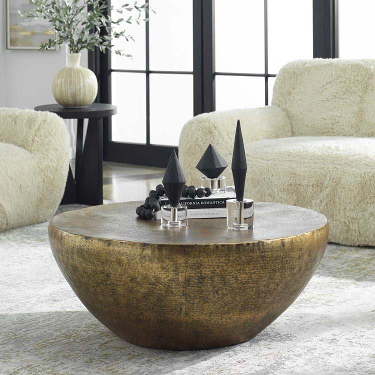Uttermost Gilded Dome Antique Gold Hammered Aluminum Modern Round Coffee Table - Image 1
