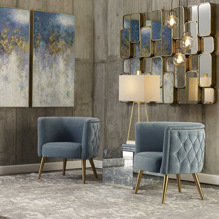 Uttermost Haider Slate Blue Velvet Barrel Accent Chair - Image 1