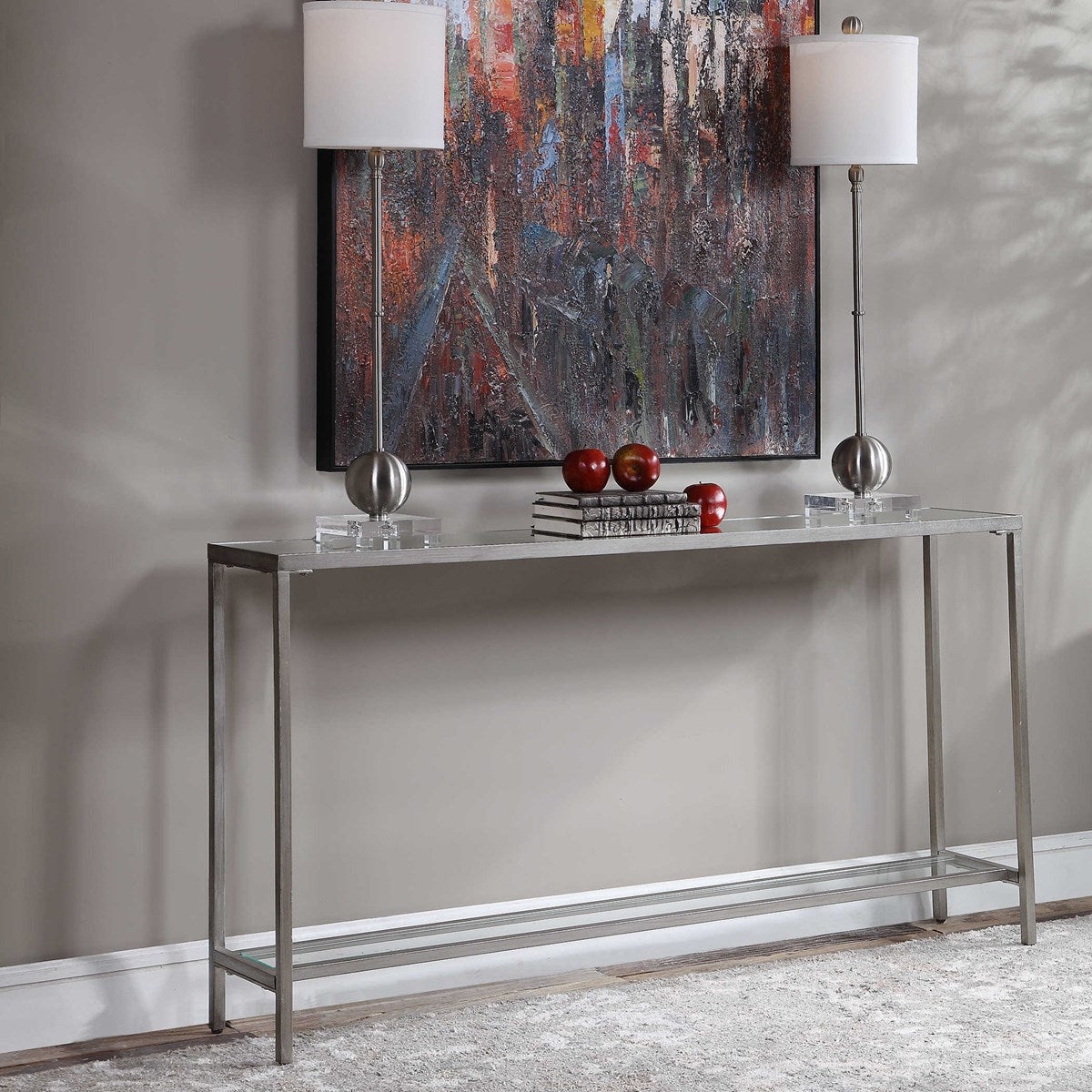 Uttermost Hayley Mirrored Too With Antiqued Silver Iron Modern Narrow Console Table - Image 1